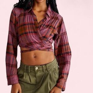 Free People Plaid Wrap Cropped Shirt